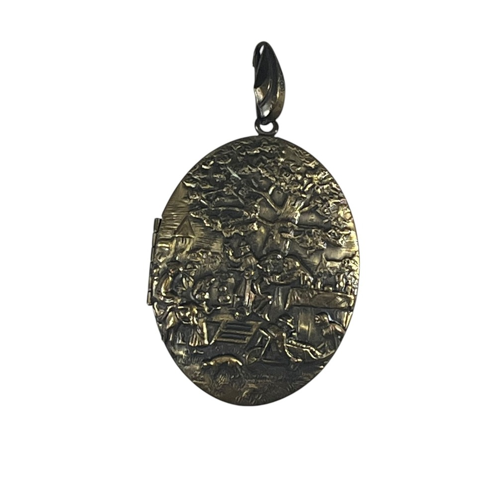 Vintage Large Brass Relief Locket - Flemish Tavern Village Scene - Oval Pendant